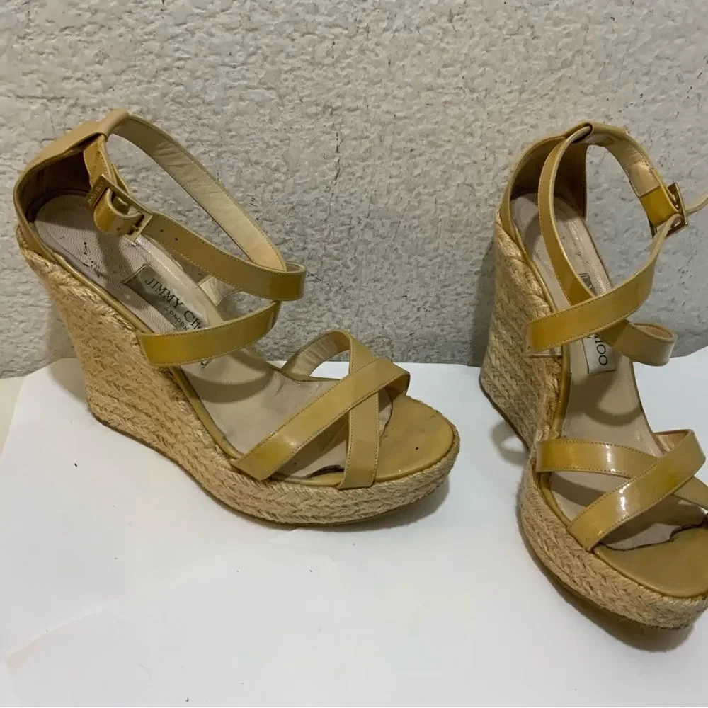 JIMMY CHOO PORTO CRISSCROSS ESPADRILLE WEDGE SANDALS NUDE PATENT LEATHER SZ 39